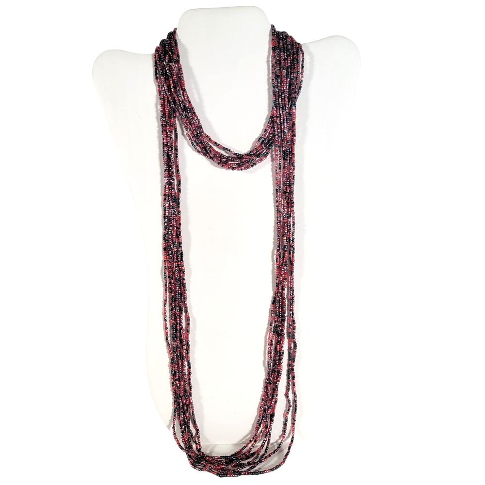 48" Long Red Black Seed Bead Necklace Boho Multistrand India Handmade NEW
